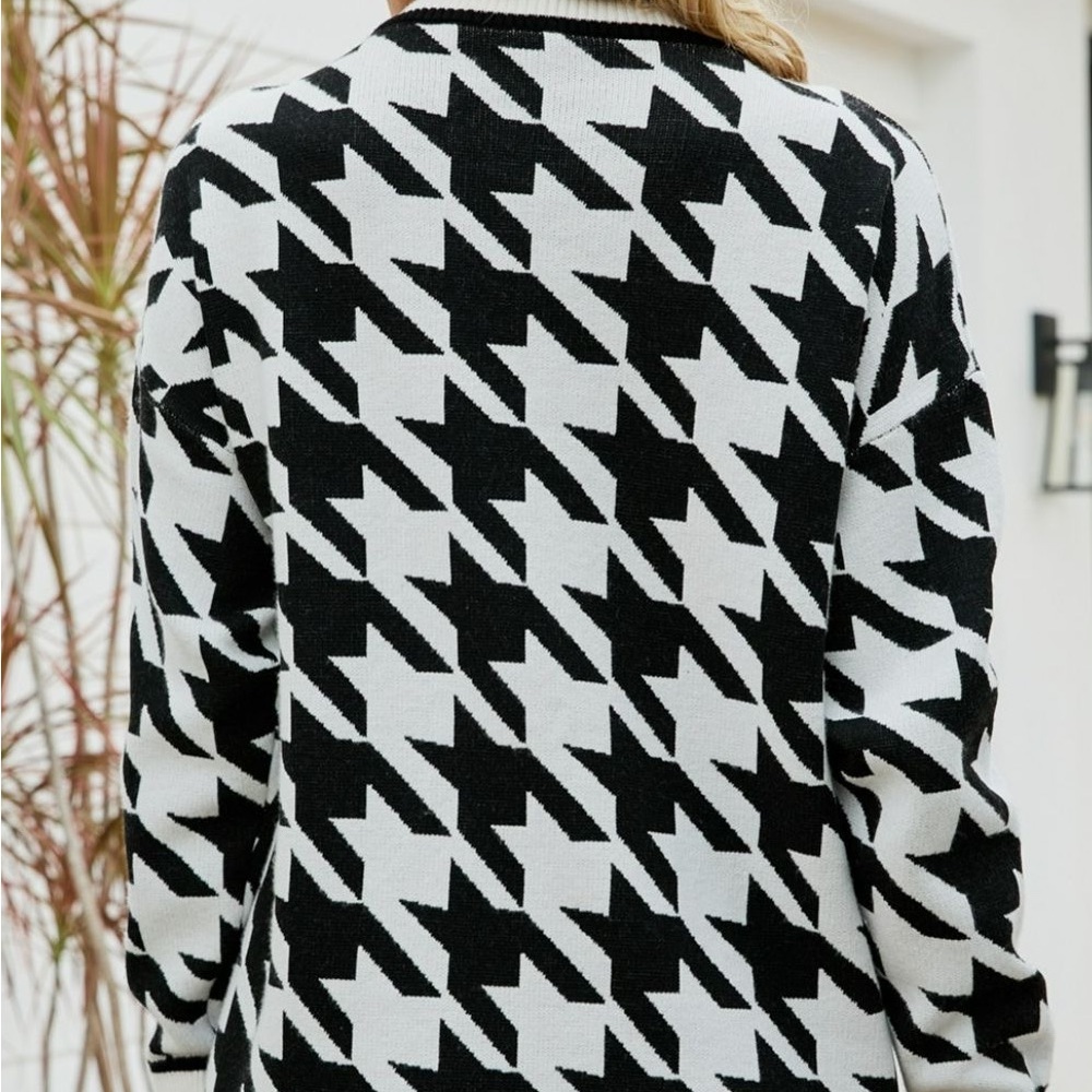 HOUNDSTOOTH RIBBED TRIM OPEN FRONT CARDIGAN - Picture 3 of 5